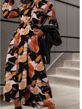 SHEIN Black Midi Dress with Orange and Cream Floral Print